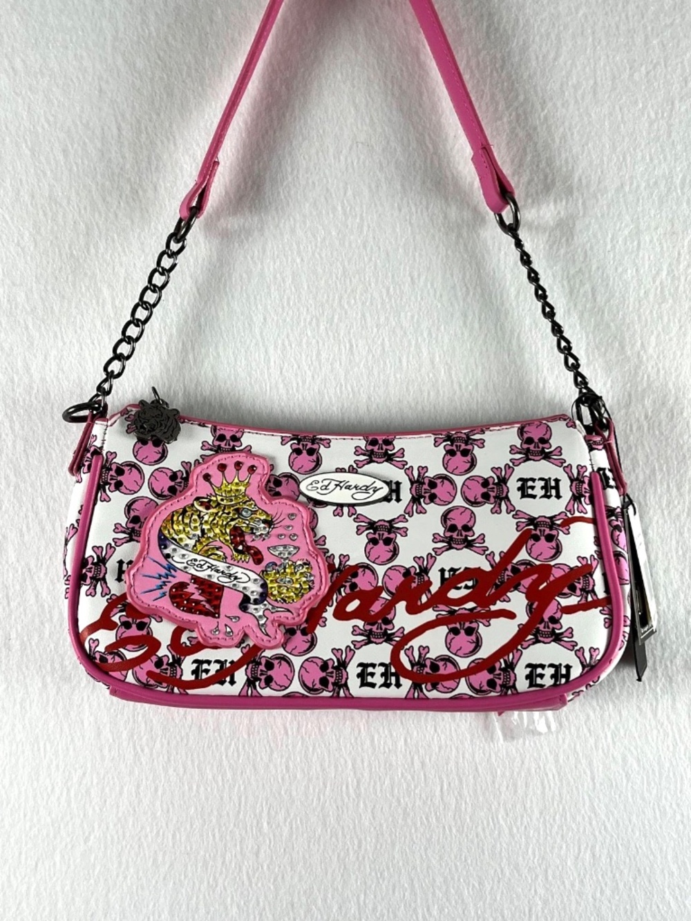 NWT Ed Hardy Pink Skull Rhinestone Tiger Shoulder Crossbody Bag Y2K Purse